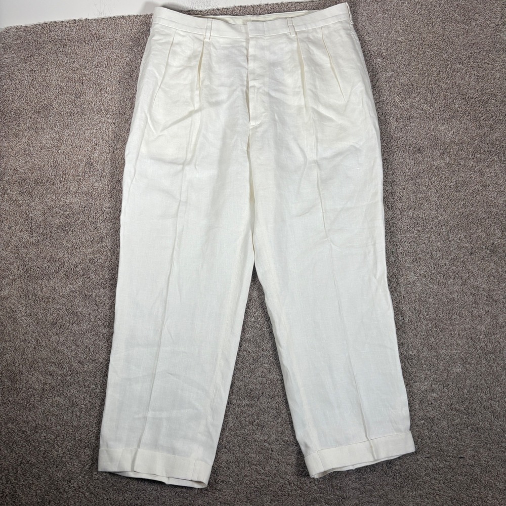 Polo Ralph Lauren Mens 38x30 Cream 100% Linen Pleated Cuffed Trousers Pants